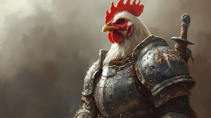 Wall Mural - A chicken dressed as a medieval warrior stands strong, donning full metal armor, surrounded by a blend of light and shadow conveying heroic fantasy themes. Fantasy Armory & Weapons. Illustration