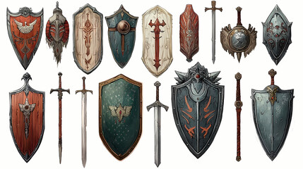 Collection of fantasy weapons and shields displayed on a white background for design inspiration. Fantasy Armory & Weapons. Illustration