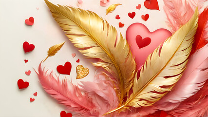 Wall Mural - 
Valentine's Day. pink and gold bird feathers. background of feathers on a pink background.