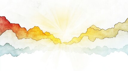 Poster - Watercolor painting of a sunlit mountain range, showcasing vibrant hues and a serene atmosphere.