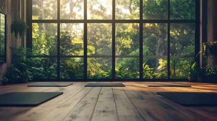 Wall Mural - A tranquil indoor yoga studio, bathed in natural light from a large window. The room is furnished with wooden flooring, a large yoga mat, and lush greenery around the space. An inviting atmosphere for