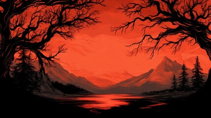 Poster - Fiery sunset over a serene lake, framed by silhouetted trees and mountains. A dramatic landscape painting in shades of red and black.