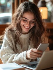 Wall Mural - A young woman is seated at a table in a cafe, smiling as she looks at a tablet screen. She has her hair tied back and wears glasses. Her attire is casual with a knit sweater. The background features a