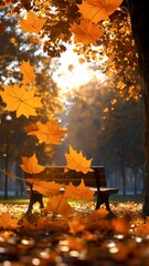 Wall Mural - leaves swirl around a silent park bench