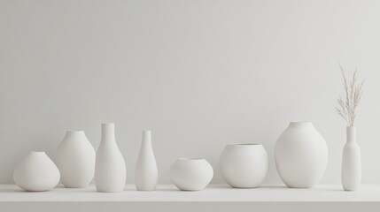 The image features a minimalist arrangement of ceramic vases on a white surface. The vases come in various sizes and shapes, showcasing the versatility of the product line. A single plant adds a touch