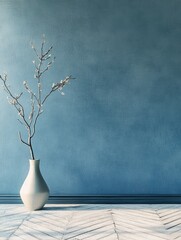 Wall Mural - A minimalist still life composition featuring a small, blossoming tree in a vase against the backdrop of a solid blue wall. The image exudes a sense of tranquility and simplicity through its sparse