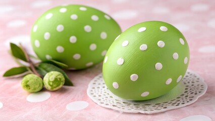 Wall Mural - Two vibrant green eggs adorned with white polka dots, symbolizing the festive spirit of Easter celebrations.
