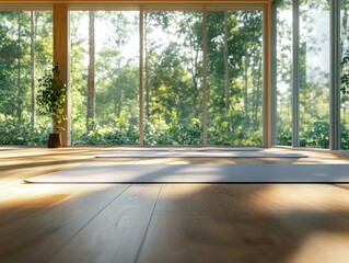 Wall Mural - A spacious, well-lit yoga studio with a large window overlooking a tranquil forest. The room is furnished with wooden flooring and a central rug. A potted plant adds to the natural ambiance.