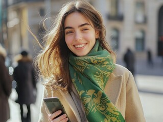 Wall Mural - A young woman is captured in a moment of joy, standing on a busy street corner. She is dressed in a chic ensemble of a tan coat and green scarf, which adds a pop of color to the urban backdrop. Her