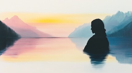 Wall Mural - Silhouette of a young woman gazing at a serene lake and mountain landscape at sunrise. Peaceful, contemplative mood.