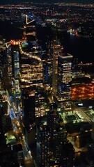 Wall Mural - Immense cityscape of magnificent New York at night. Dark East River dividing the city full of lights. Top view.