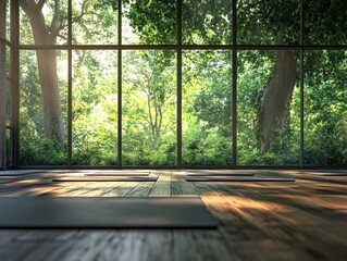 Wall Mural - A tranquil yoga studio with large floor-to-ceiling windows offering a stunning view of a lush forest, perfect for mindfulness and spiritual retreats.