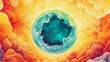 © Vertigo Images - Abstract art depicting a vibrant, colorful sphere nestled within swirling clouds.  A mesmerizing blend of teal, orange, and yellow hues creates a dreamlike atmosphere.