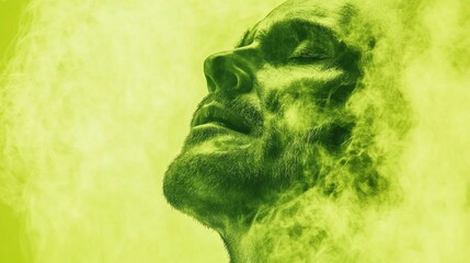 Sticker - A man's face, partially obscured by a hazy green fog, evokes a feeling of mystery and transformation.