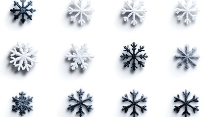 Wall Mural - A collection of various snowflake designs arranged symmetrically on a white background