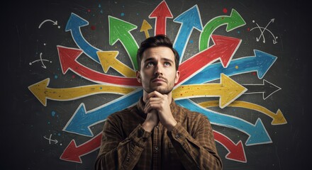 A man surrounded by bright arrows symbolizing the choice of a life path