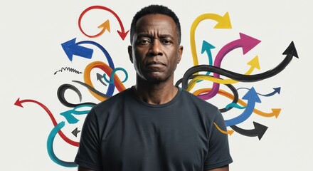A man surrounded by bright arrows symbolizing the choice of a life path