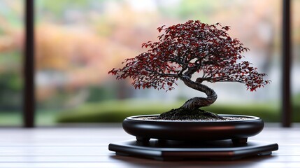 Japanese bonsai tree with deep red leaves, intricate branch pattern, close-up with tranquil background, refined digital art