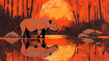 Poster - A majestic rhino stands in a tranquil, orange-hued sunset landscape.  Warm colors and still water create a serene scene.