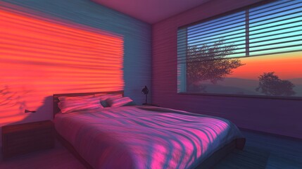 Wall Mural - Sunset hues paint a bedroom in warm, vibrant colors. The bed, bathed in the glow, offers a peaceful scene.