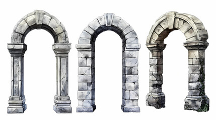 Wall Mural - Set of four ancient stone archways isolated on white background, showcasing different styles and textures in architectural design. Ancient Textures. Illustration