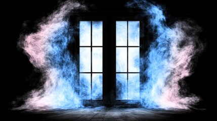 Wall Mural - Mysterious double window scene with ethereal blue and pink smoke. Dark room, moody atmosphere.