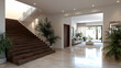 © Giman - Modern villa entrance hall, stairs, living room view, palm trees, sunlight