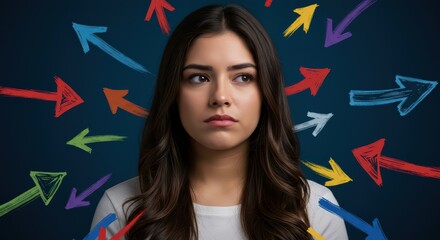 A woman surrounded by bright arrows symbolizing the choice of a life path