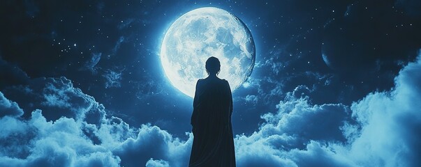 Wall Mural - Silhouetted figure gazing at full moon night sky digital art ethereal atmosphere dramatic perspective cosmic wonder