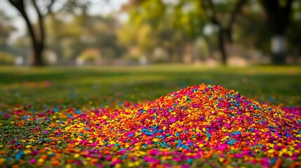 India Holi Festival Celebration Happiness Color Culture Powder Energy Colorful flower petal mound on green grass.