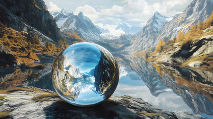 Poster - Reflective globe sitting on a rock, showing an upside-down view of a scenic mountain range and lake, blending realism with surreal reflection. Inverted Reality. Illustration