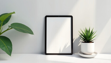 Wall Mural - Minimalist tablet display with potted plant on white table