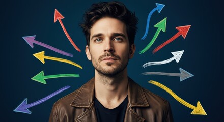 A man surrounded by bright arrows symbolizing the choice of a life path