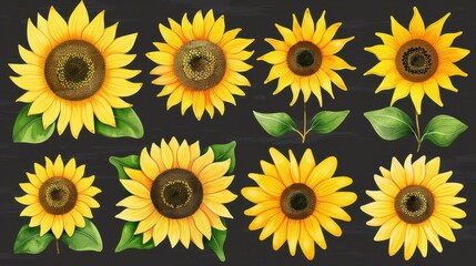 Wall Mural - Bright, vibrant sunflower set in watercolor style, perfect for fresh, cheerful decor on a clean backdrop. Ideal for various designs