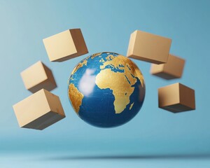 A globe surrounded by cardboard boxes representing global shipping and commerce, ideal for logistics and transport themes.