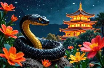 A vibrant black and yellow snake is coiled among blooming flowers, with a traditional Asian temple illuminated in the background under a starry sky. The serene scenery reflects harmony in nature.