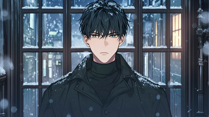 Wall Mural - Man in black coat standing in front of a window during a dramatic anime valentines scene with a boy confessing feelings to another character