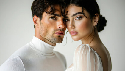 A serene portrait of a male model in a minimalist white turtleneck and a female model in a delicate