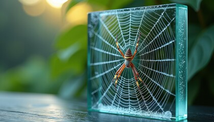Spider Perched on Glass Block Web: Intricate Detail Against Blurred Background