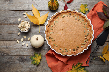 Wall Mural - Autumn composition with tasty pumpkin pie on wooden background