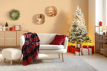 Wall Mural - Stylish interior of modern living room with Christmas tree