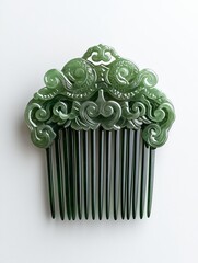 Jade ornate hair comb with Chinese dragon designs and cloud patterns isolated on white background