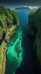 Wall Mural - Breathtaking Emerald Waters in Majestic Cliffs Landscape Picture Perfect Fjord Pristine Sea Lush Green Shores Coastal Mountains Scenic Travel Destination