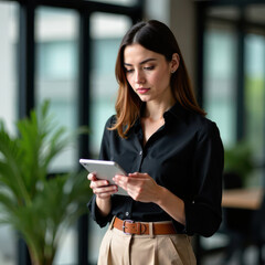 A woman in a black shirt and beige pants focuses on her tablet while standing in a contemporary office. Natural light shines through the large windows, creating a productive atmosphere.