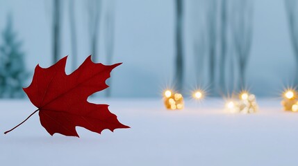 Canvas Print - A vibrant red maple leaf rests on a snowy surface, illuminated by soft glowing lights in the background