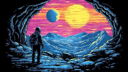 Wall Mural - astronaut in cave: a breathtaking view of an alien planet's sunset, showcasing vibrant colors and a 