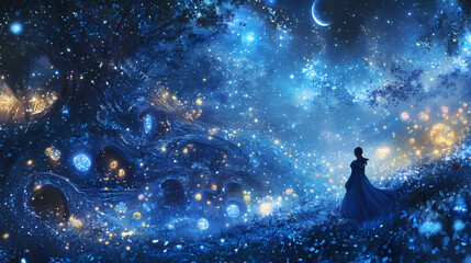 Wall Mural - blue fantasy art with a celestial theme, stars and galaxies,. astral projection themes. illustration