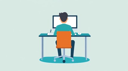 Man working at computer desk, office background, design work