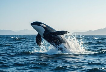 Wall Mural - orca whale leaping high above ocean waves