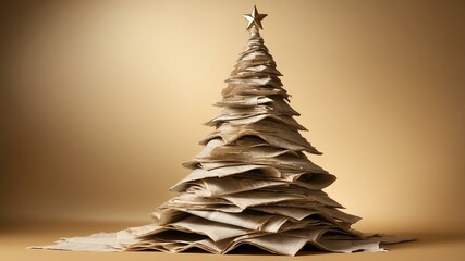 Wall Mural - Christmas tree made of newspaper on soft gold background